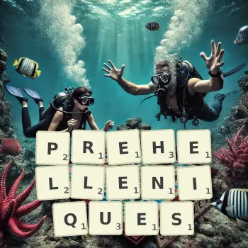 Illustration créative d'un jeu de lettres avec le mot PREHELLENIQUES épelé sur le plateau.