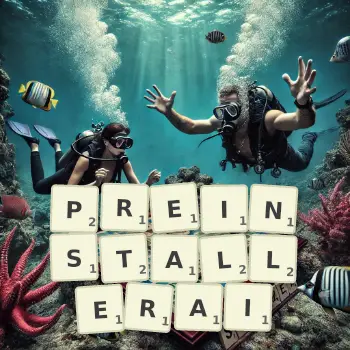 Illustration créative d'un jeu de lettres avec le mot PREINSTALLERAI épelé sur le plateau.