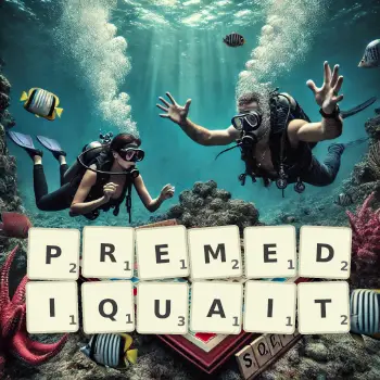 Illustration créative d'un jeu de lettres avec le mot PREMEDIQUAIT épelé sur le plateau.