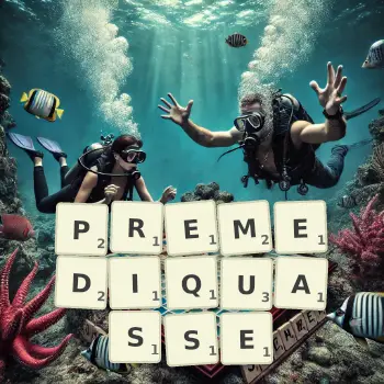 Illustration créative d'un jeu de lettres avec le mot PREMEDIQUASSE épelé sur le plateau.