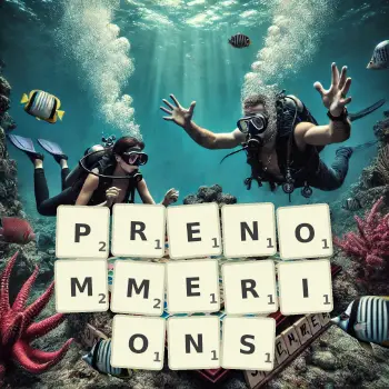 Illustration créative d'un jeu de lettres avec le mot PRENOMMERIONS épelé sur le plateau.