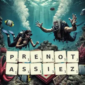 Illustration créative d'un jeu de lettres avec le mot PRENOTASSIEZ épelé sur le plateau.