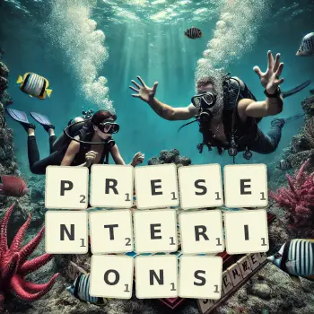 Illustration créative d'un jeu de lettres avec le mot PRESENTERIONS épelé sur le plateau.