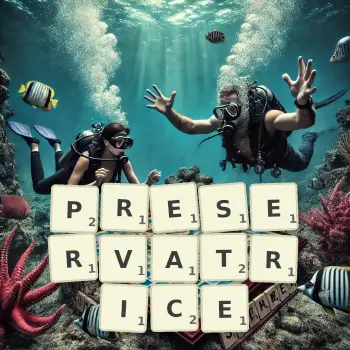 Illustration créative d'un jeu de lettres avec le mot PRESERVATRICE épelé sur le plateau.