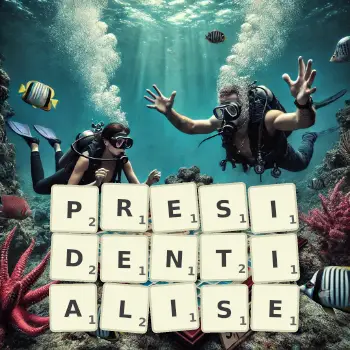 Illustration créative d'un jeu de lettres avec le mot PRESIDENTIALISE épelé sur le plateau.