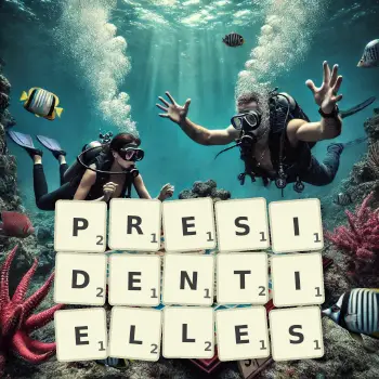 Illustration créative d'un jeu de lettres avec le mot PRESIDENTIELLES épelé sur le plateau.