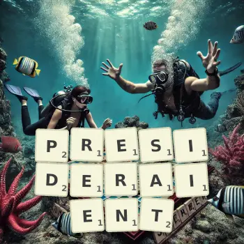 Illustration créative d'un jeu de lettres avec le mot PRESIDERAIENT épelé sur le plateau.
