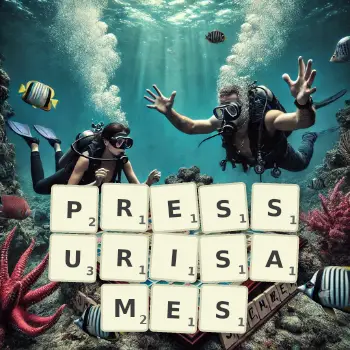 Illustration créative d'un jeu de lettres avec le mot PRESSURISAMES épelé sur le plateau.