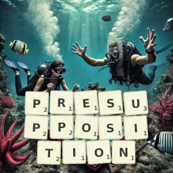 Illustration créative d'un jeu de lettres avec le mot PRESUPPOSITION épelé sur le plateau.