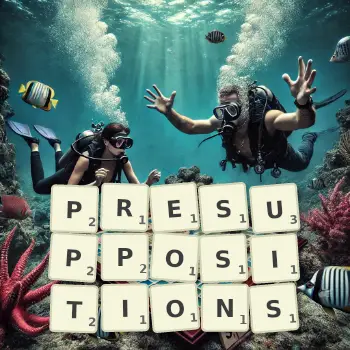 Illustration créative d'un jeu de lettres avec le mot PRESUPPOSITIONS épelé sur le plateau.