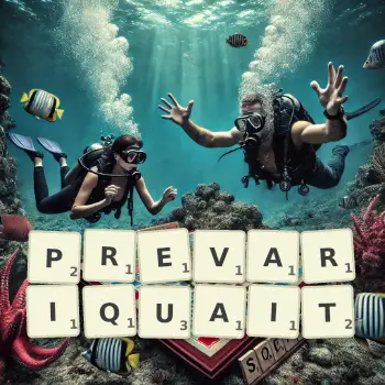 Illustration créative d'un jeu de lettres avec le mot PREVARIQUAIT épelé sur le plateau.