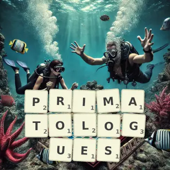 Illustration créative d'un jeu de lettres avec le mot PRIMATOLOGUES épelé sur le plateau.
