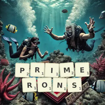 Illustration créative d'un jeu de lettres avec le mot PRIMERONS épelé sur le plateau.