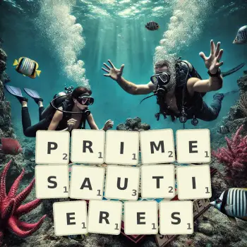 Illustration créative d'un jeu de lettres avec le mot PRIMESAUTIERES épelé sur le plateau.