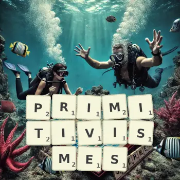 Illustration créative d'un jeu de lettres avec le mot PRIMITIVISMES épelé sur le plateau.