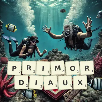 Illustration créative d'un jeu de lettres avec le mot PRIMORDIAUX épelé sur le plateau.