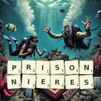 Illustration créative d'un jeu de lettres avec le mot PRISONNIERES épelé sur le plateau.