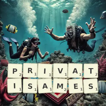 Illustration créative d'un jeu de lettres avec le mot PRIVATISAMES épelé sur le plateau.