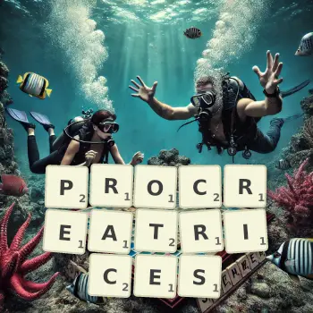Illustration créative d'un jeu de lettres avec le mot PROCREATRICES épelé sur le plateau.
