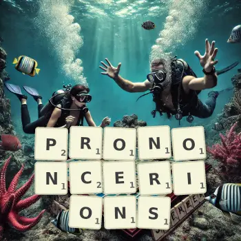 Illustration créative d'un jeu de lettres avec le mot PRONONCERIONS épelé sur le plateau.