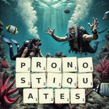 Illustration créative d'un jeu de lettres avec le mot PRONOSTIQUATES épelé sur le plateau.