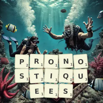 Illustration créative d'un jeu de lettres avec le mot PRONOSTIQUEES épelé sur le plateau.