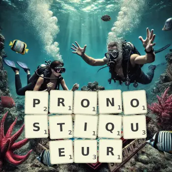 Illustration créative d'un jeu de lettres avec le mot PRONOSTIQUEUR épelé sur le plateau.