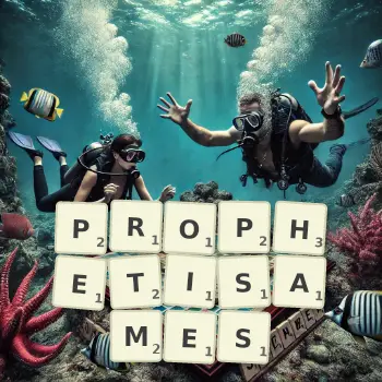 Illustration créative d'un jeu de lettres avec le mot PROPHETISAMES épelé sur le plateau.
