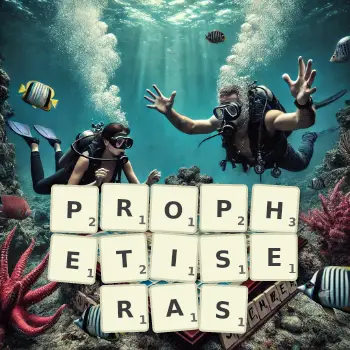 Illustration créative d'un jeu de lettres avec le mot PROPHETISERAS épelé sur le plateau.