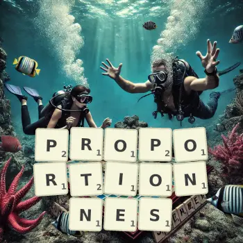 Illustration créative d'un jeu de lettres avec le mot PROPORTIONNES épelé sur le plateau.