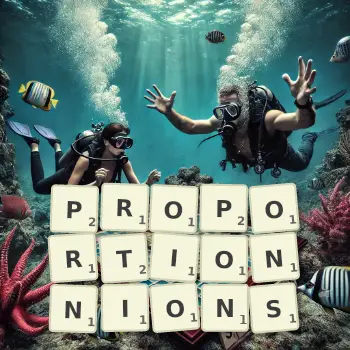 Illustration créative d'un jeu de lettres avec le mot PROPORTIONNIONS épelé sur le plateau.