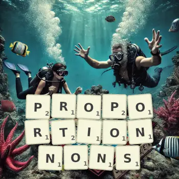 Illustration créative d'un jeu de lettres avec le mot PROPORTIONNONS épelé sur le plateau.