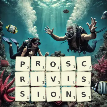 Illustration créative d'un jeu de lettres avec le mot PROSCRIVISSIONS épelé sur le plateau.