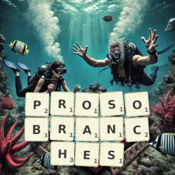 Illustration créative d'un jeu de lettres avec le mot PROSOBRANCHES épelé sur le plateau.