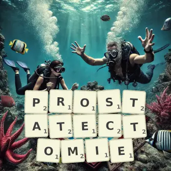 Illustration créative d'un jeu de lettres avec le mot PROSTATECTOMIE épelé sur le plateau.