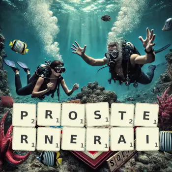 Illustration créative d'un jeu de lettres avec le mot PROSTERNERAI épelé sur le plateau.
