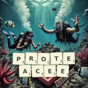 Illustration créative d'un jeu de lettres avec le mot PROTEACEE épelé sur le plateau.