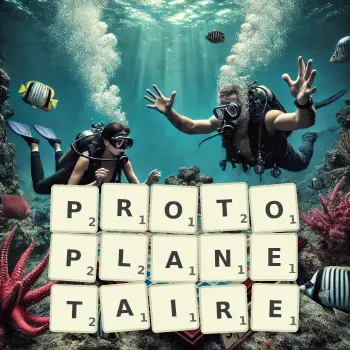 Illustration créative d'un jeu de lettres avec le mot PROTOPLANETAIRE épelé sur le plateau.