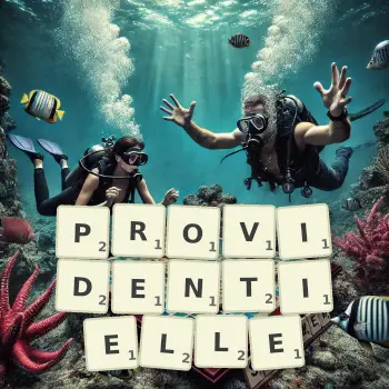 Illustration créative d'un jeu de lettres avec le mot PROVIDENTIELLE épelé sur le plateau.