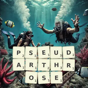 Illustration créative d'un jeu de lettres avec le mot PSEUDARTHROSE épelé sur le plateau.