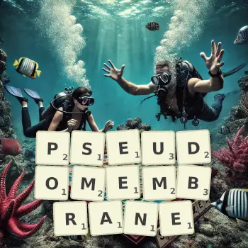 Illustration créative d'un jeu de lettres avec le mot PSEUDOMEMBRANE épelé sur le plateau.