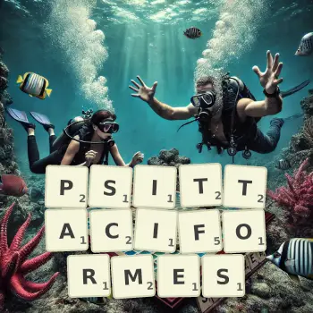 Illustration créative d'un jeu de lettres avec le mot PSITTACIFORMES épelé sur le plateau.