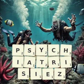 Illustration créative d'un jeu de lettres avec le mot PSYCHIATRISIEZ épelé sur le plateau.