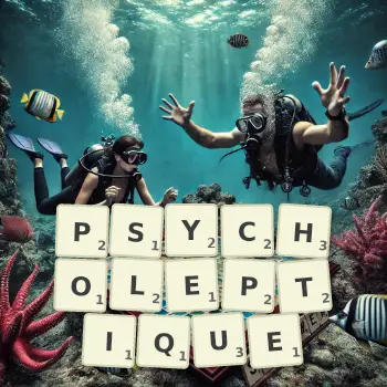 Illustration créative d'un jeu de lettres avec le mot PSYCHOLEPTIQUE épelé sur le plateau.