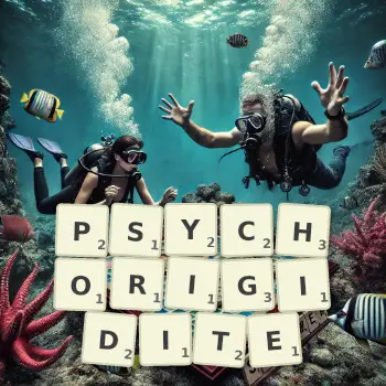 Illustration créative d'un jeu de lettres avec le mot PSYCHORIGIDITE épelé sur le plateau.