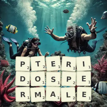 Illustration créative d'un jeu de lettres avec le mot PTERIDOSPERMALE épelé sur le plateau.
