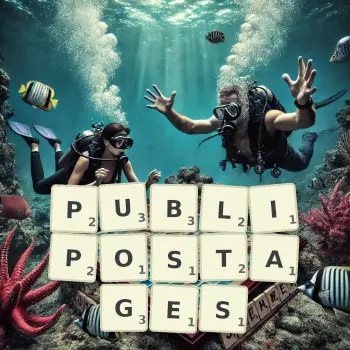 Illustration créative d'un jeu de lettres avec le mot PUBLIPOSTAGES épelé sur le plateau.
