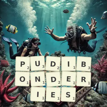Illustration créative d'un jeu de lettres avec le mot PUDIBONDERIES épelé sur le plateau.