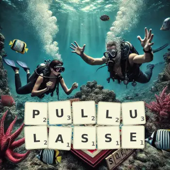 Illustration créative d'un jeu de lettres avec le mot PULLULASSE épelé sur le plateau.