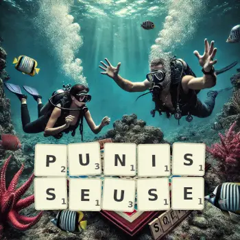 Illustration créative d'un jeu de lettres avec le mot PUNISSEUSE épelé sur le plateau.